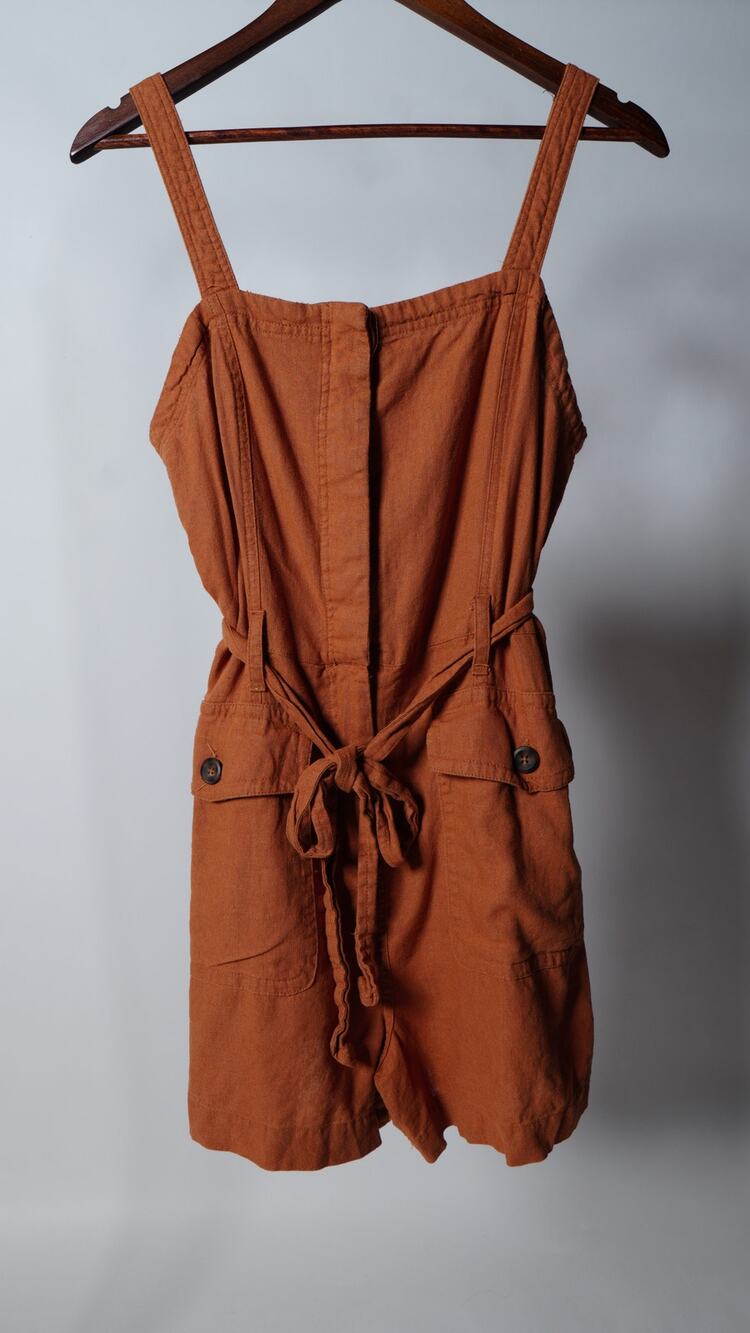 Habitual Tan Linen Rayon Blend Burnt Orange Rust Button Down Romper Size L